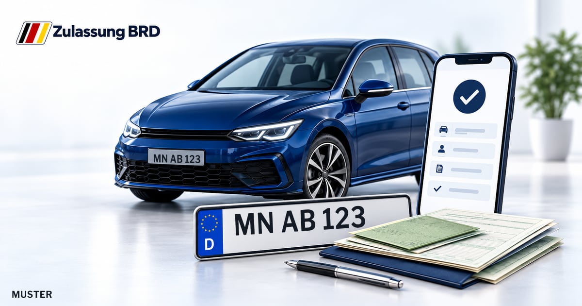 Online Fahrzeugzulassung in Landkreis Unterallgäu: Musterkennzeichen MN AB 123, Auto und Fahrzeugpapiere und Smartphone. Illustration mit Logo von Zulassung BRD.